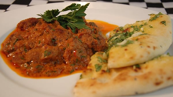 Lamb Rogan Josh with Raita and Garlic Naan Bread