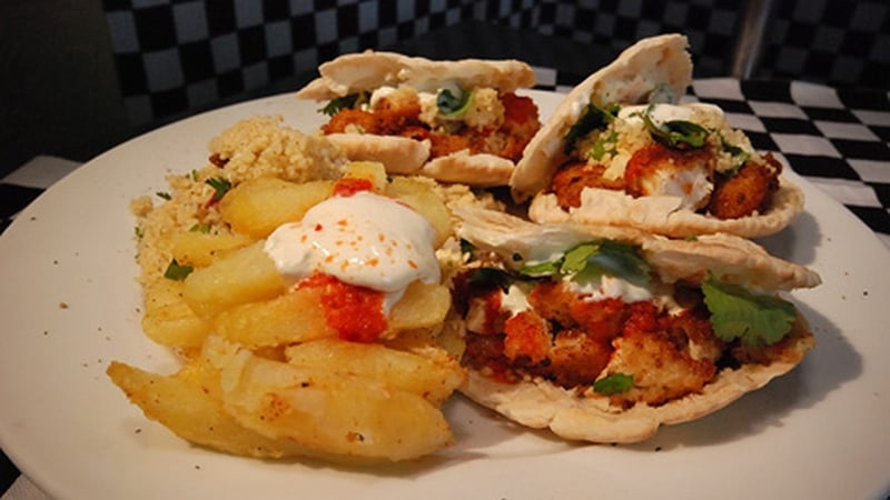 Served with Sour Cream and Couscous and Feta Salad.