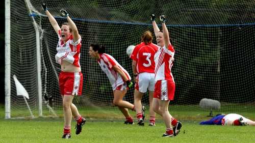 Tyrone players in celebratory mood after the Cork custodian was beaten for the third time in Banagher
