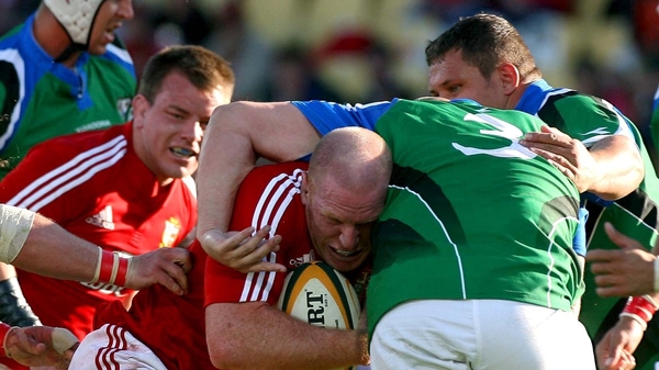 Bees Roux (3) tackles Paul O'Connell during the Lions v Royal XV tour match