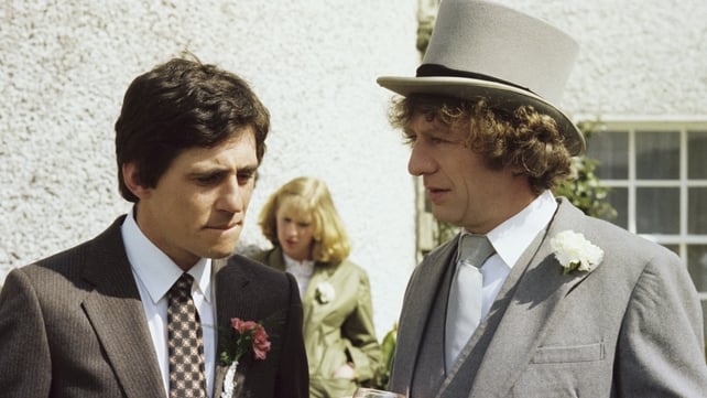 Gabriel Byrne as 'Pat Barry' and Lally as 'Miley' in a wedding reception scene from 'Bracken', in April 1981