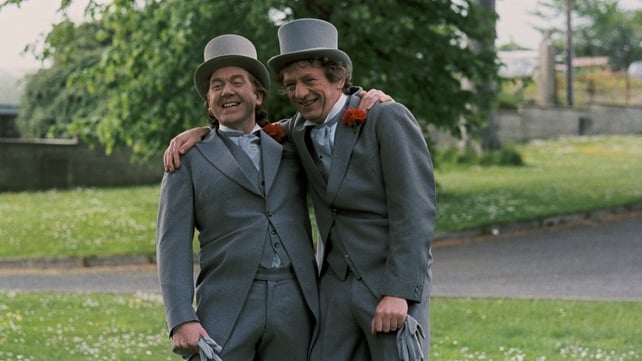 Vincent McCabe as 'Paddy Maher' and Lally as 'Miley' in a scene from Paddy's wedding, during the filming of 'Glenroe' in Kilcoole, Co Wicklow