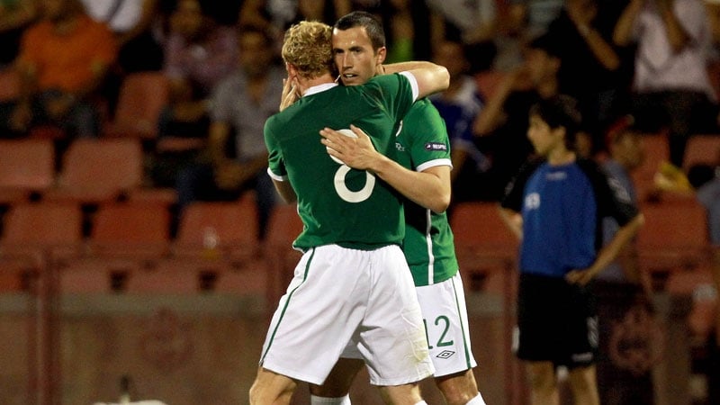 Keith Fahey and Paul Green celebrate after Ireland's goal