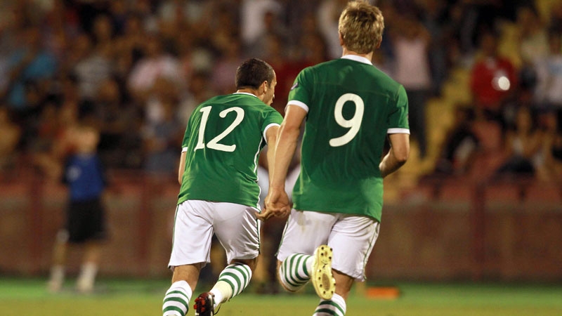 Keith Fahey celebrates following his goal at the Yerevan Republican Stadium