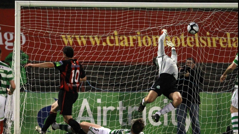 Shamrock Rovers goalkeeper Alan Mannus was powerless to stop Jason Byrne's close-range volley