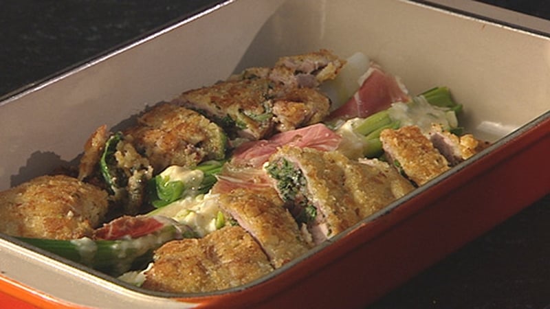 Richard Corrigan's Stuffed Breaded Pork Schnitzel Served with Leeks and Cooked Mayonnaise Dressing