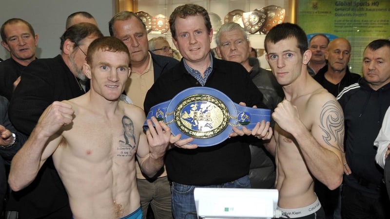 Willie Casey, and Paul Hyland with promoter Brian Peters at the weigh-in