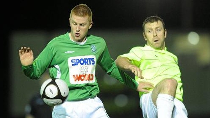 Shane O'Connor of Bray Wanderers (left) &amp; Monaghan United's Dom Tierney battle for possession at Gortakeegan