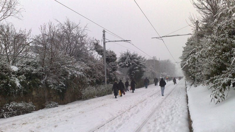 Dublin - LUAS passengers walking on tracks during suspension of services (Pic: Michael Tierney)