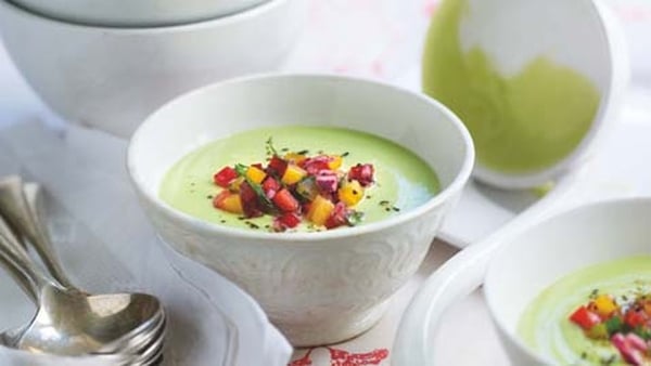Chilled Avocado Soup with Red and Yellow Pepper an