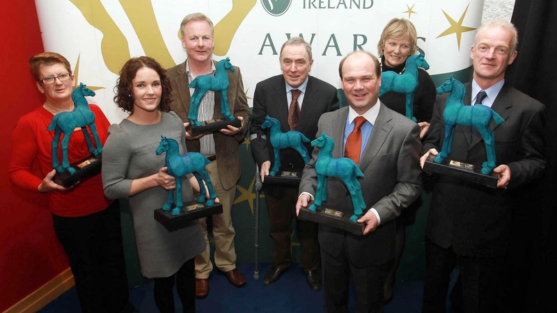 Some of the winners at the 2010 Irish Horse Racing Awards showing off their trophies
