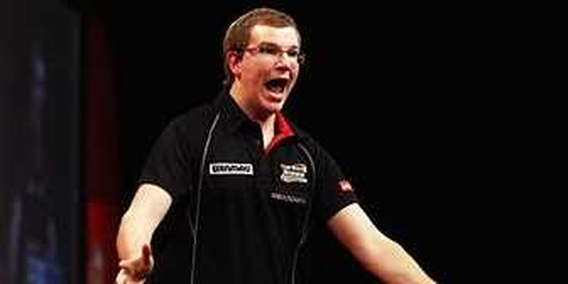 Mark Webster shows his delight after seeing off Phil Taylor