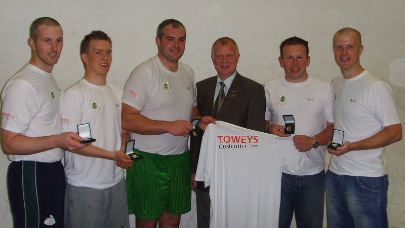 From left to right: Joe McCann, Stephen Cooney, Dessie Keegan, GAA Handball President, Tony Hannon, Vinny Moran and Paul Flynn