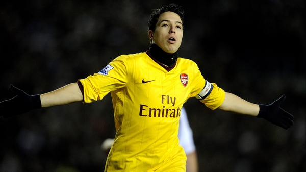 Samir Nasri celebrates his opener at Elland Road