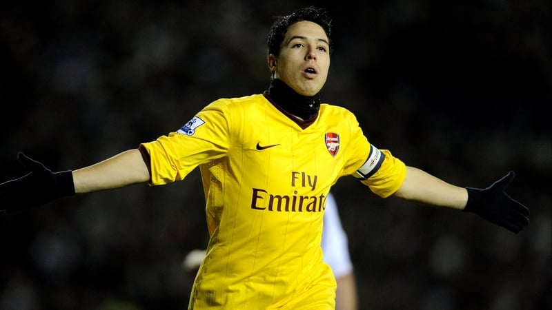 Samir Nasri celebrates his opener at Elland Road