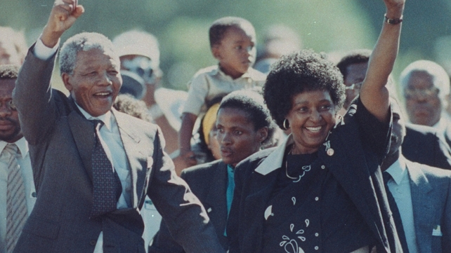 Nelson Mandela and wife Winnie raising fists upon his release from Victor Verster prison in February 1990 after 27 years