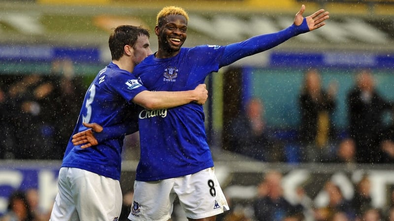 Louis Saha celebrates with Seamus Coleman as Everton claimed a hard-fought win