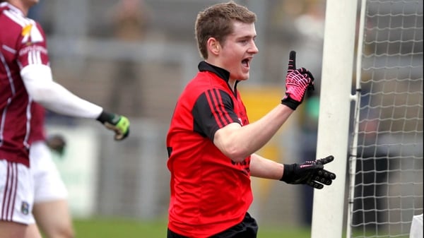 Conor Maginn celebrates after scoring Down's first goal in their NFL Division 1 victory over Galway