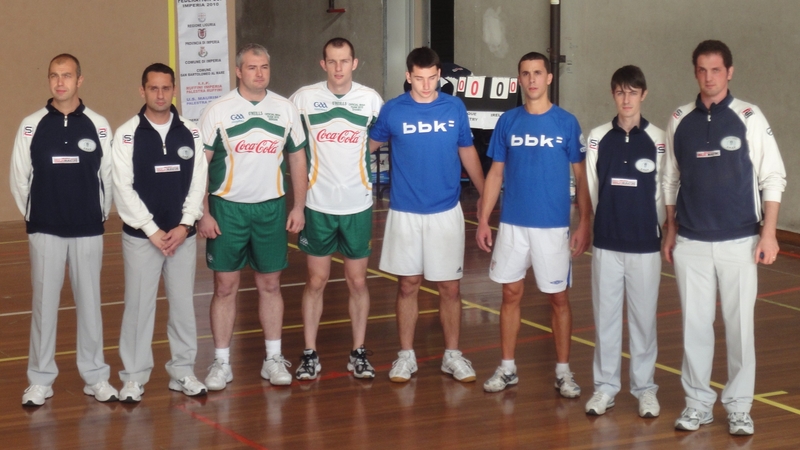Irish representatives Dessie Keegan and Charly Shanks with their Basque Country opponents at the Federations Cup in Italy last November