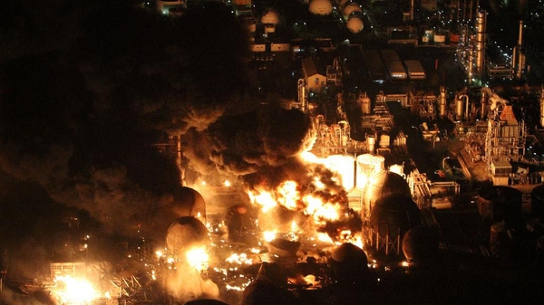Ichihara - Oil refinery plant is on fire