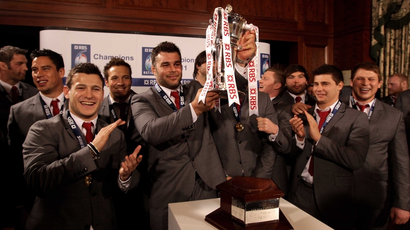 Nick Easter lifts the RBS 6 Nations trophy for 2011 winners England