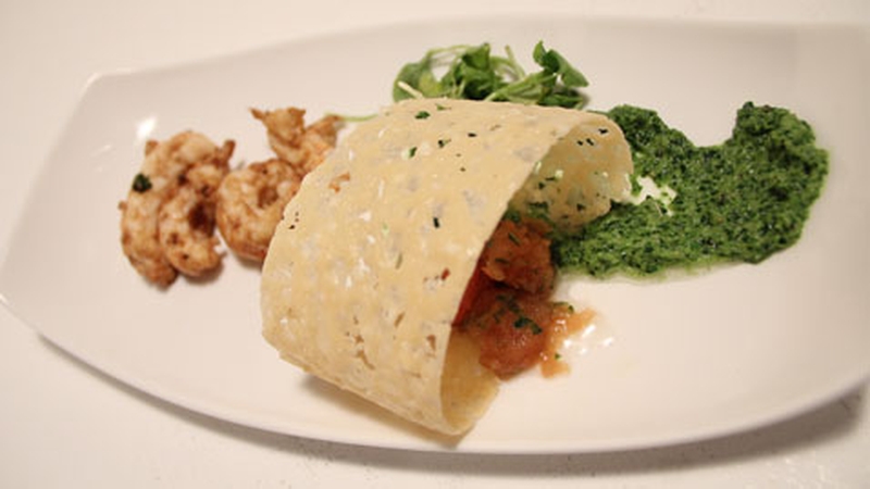 Dublin Bay Prawns with Tomato and Basil Granita, Parmesan Crisp and Watercress Purée: The Restaurant