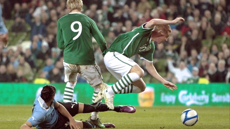 Uruguay's Martin Caceres conceded a penalty after upending the Republic of Ireland's James McCarthy with a clumsy challenge