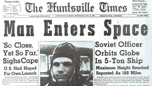 1961 newspaper - Soviet cosmonaut Yuri Gagarin hits the headlines after orbiting Earth aboard the Vostok I spaceship