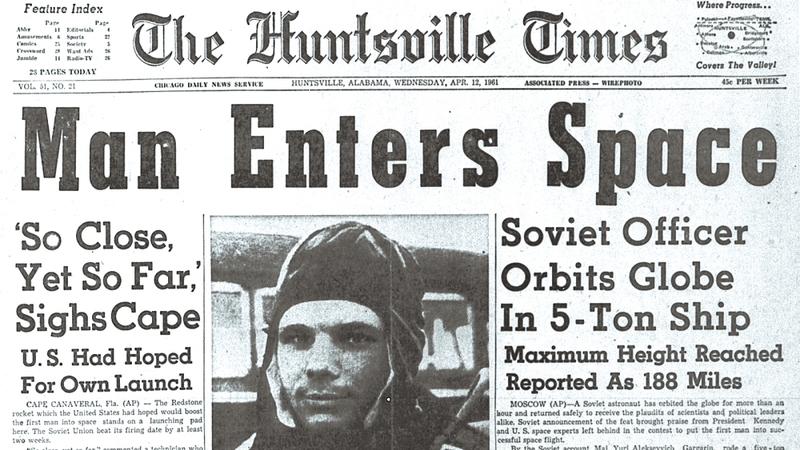 1961 newspaper - Soviet cosmonaut Yuri Gagarin hits the headlines after orbiting Earth aboard the Vostok I spaceship