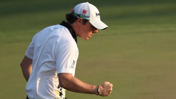 Rory McIlroy reacts to his birdie putt on the 17th green during the third round of the 2011 Masters Tournament