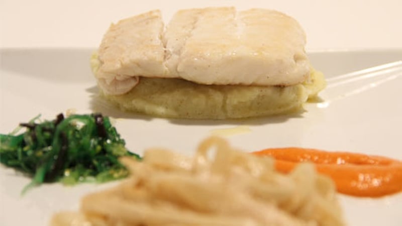 Pan-fried Hake with a Smokey Chorizo, Kelp & Tomato sauce and a Fragrant Vanilla Mash: Norah Casey