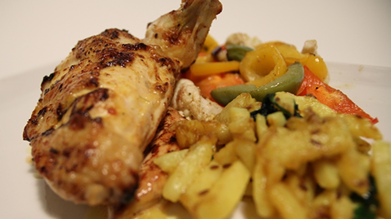 Tandoori-Style Roast Chicken with Grilled Vegetables and Cumin Potatoes: The Restaurant