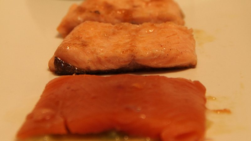 Pour some hot trout soup into a shot glass and put on the plate and garnish with a wedge of lemon.