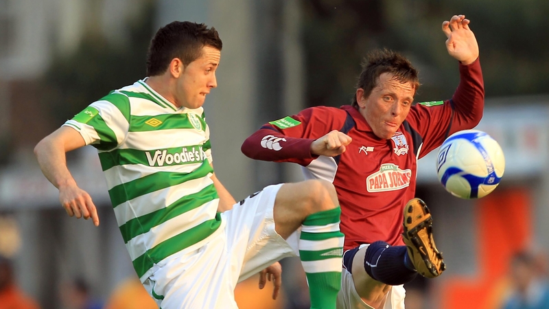 Shamrock Rovers Billy Dennehy and Galway's Bobby Ryan challenge for the ball