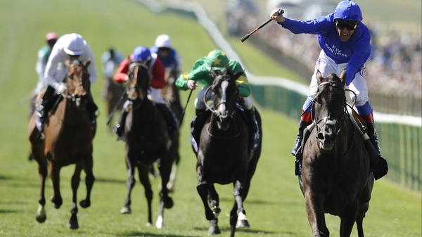 Frankie Dettori celebrates victory aboard the Godolphin filly Blue Bunting