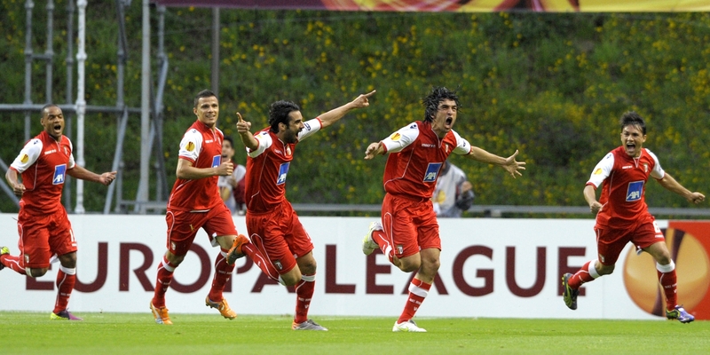 Dublin bound - Braga players celebrate Custodio Castro's goal, which sent them through to the Europa Cup final at the Aviva Stadium