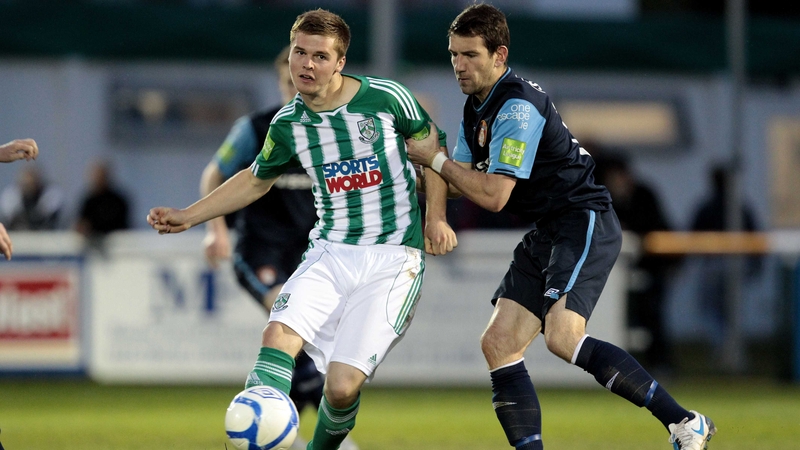 Bray Wanderers' Conor Murphy &amp; Brian Shortall of St Pat's in action at the Carlisle Grounds
