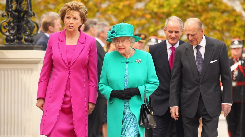 President Mary McAleese greets Britain's Queen Elizabeth II