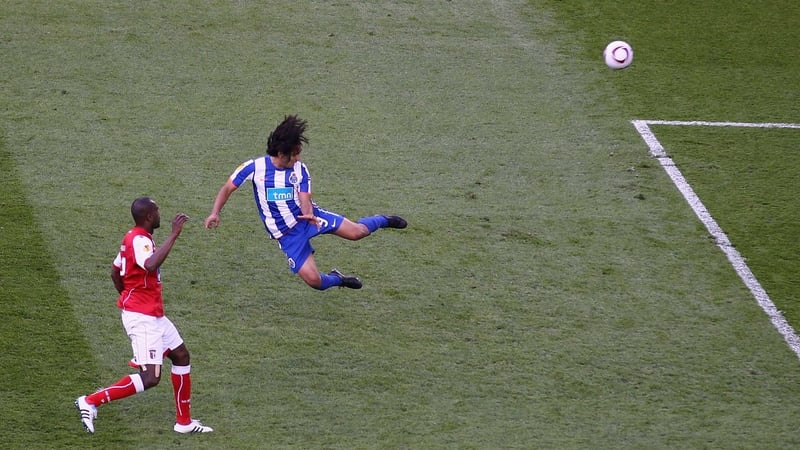 Radamel Falcao scoring the winner in the 2011 UEFA Cup final at the Aviva Stadium