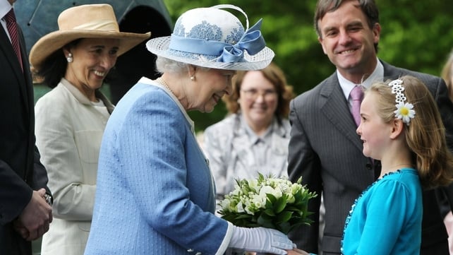 Queen Elizabeth received flowers from Emma Osbourne with John Osbourne, CEO of The Irish National Stud and Chryss O'Reilly , Chair of the Board of The Irish National Stud