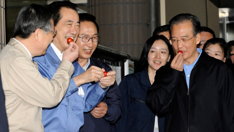 Leaders - Naoto Kan, Lee Myung-Bak and Wen Jiabao study tomatoes from the Fukushima prefecture