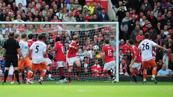Charlie Adam (26) of Blackpool scored an equaliser for the Tangerines at Old Trafford