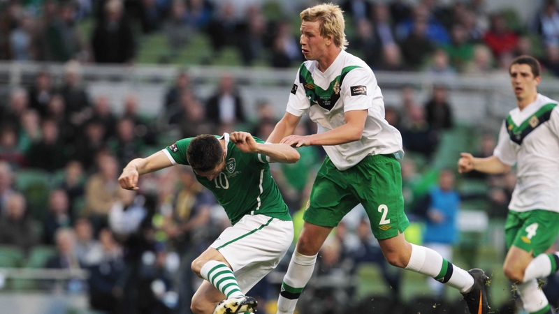 Robbie Keane is fouled by Adam Thompson - Which lead to a penalty and second goal for Keane against Northern Ireland