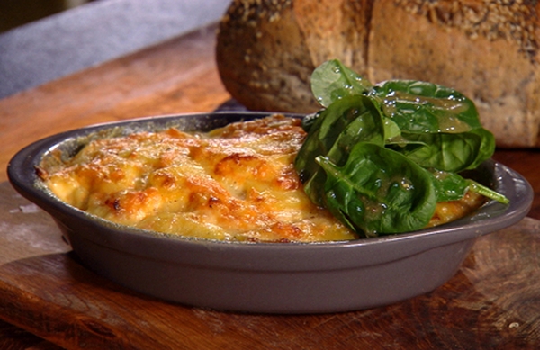 Cheese and Onion Gratin with Smoky Bacon