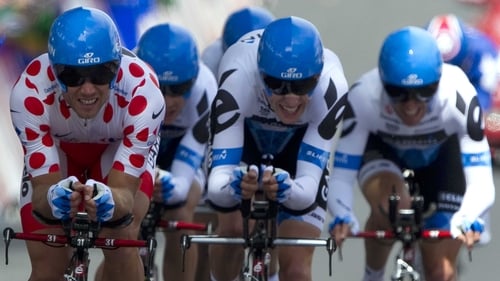 Garmin-Cervelo team, with the polka dot jersey of best climber Thor Hushovd, sprint at the end of the 23km team time-trial around Les Essarts, western France. The team won the stage and Hushovd took over the yellow jersey
