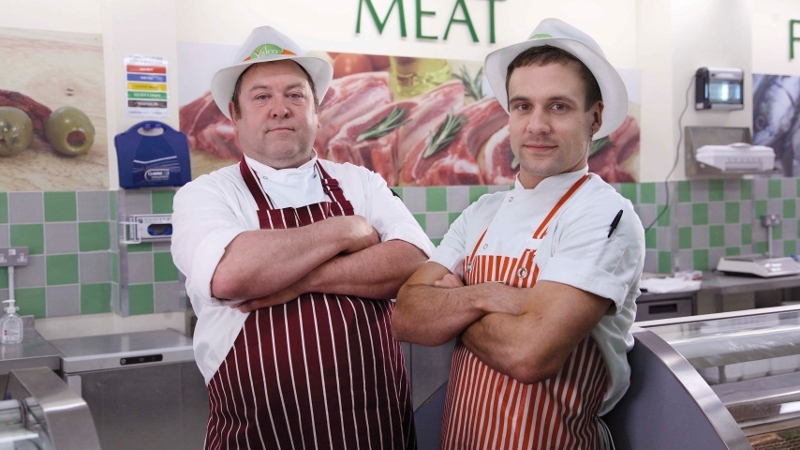 Mark Addy (left) hams it up in Trollied!