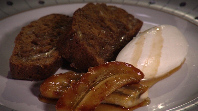 Serve with maple syrup, whipped cream and caramelised banana.