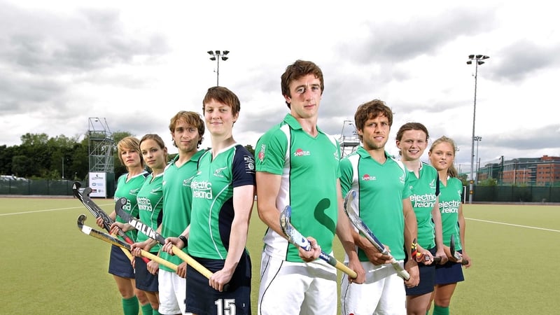 Ireland internationals Nikki Symmons, Cliodhna Sargent, Mitch Darling, Sinead McCarthy, David Fitzgerald, Ronan Gormley, Alex Speers and Chloe Watkins at the announcement of the men's and women's squads in UCD