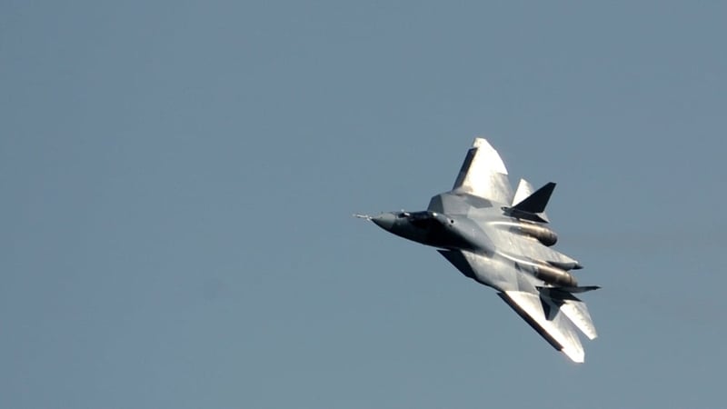 A Russian first stealth fighter T-50 performs during MAKS-2011