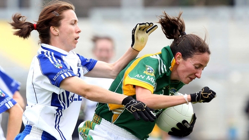 Meath's Fiona Mahon and Sharon Courtney of Monaghan do battle